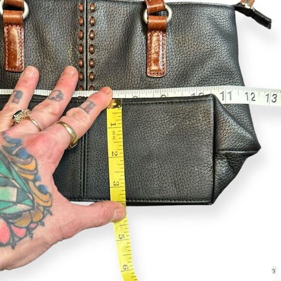VINTAGE FOSSIL Women’s Black Whipstitch Pebbled Leather Tote Bag with Brown Hand - Picture 4 of 6